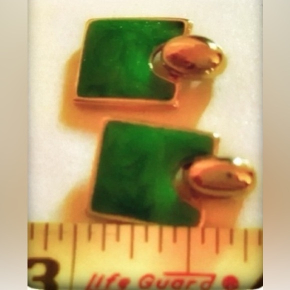 Green Polished Stone & Gold Tone Earrings w/Stud Posts & Rubber Back Closures - Picture 5 of 5